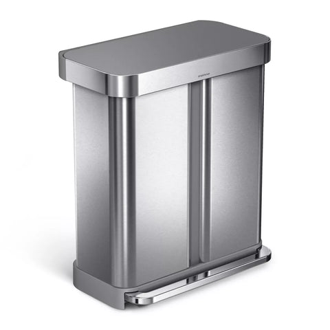 simplehuman Rectangular 58L Dual Compartment Step Trash Can with Plastic Lid Brushed Stainless Steel
