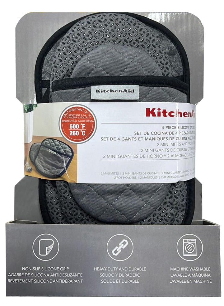 KitchenAid 4-piece Silicone Oven Mitt Set, 2 Oven Mitts and 2 Pot Hold –