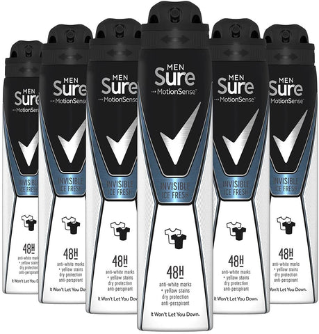 Sure Men Antiperspirant Deodorant MotionSense Invisible ice fresh 48H 250ml ( pack of 6 )
