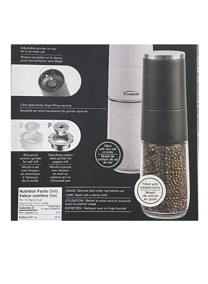 Trudeau Salt & Pepper Mill Set Adjustable Grinder Filled With Pepperco