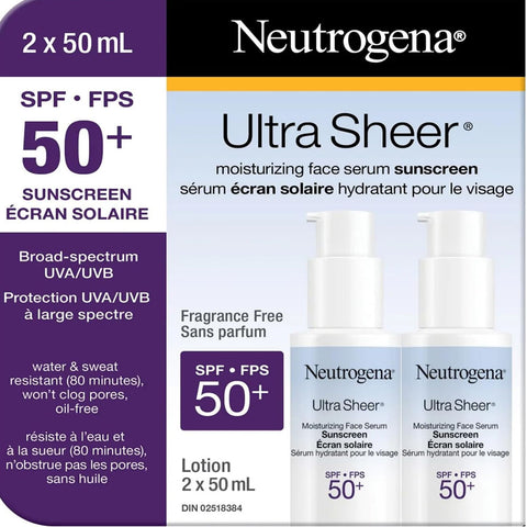 Neutrogena Ultra Sheer SPF 50+ Moisturizing Face Serum Sunscreen With Vitamin E Offers Broad Spectrum UVA/UVB Protection. - 50ml Pack Of 2