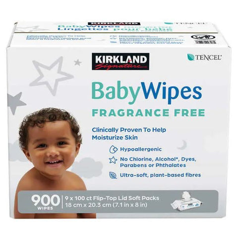 Kirkland Signature Baby Wipes, Fragrance Free, 9 X 100 ct Flip-Top Lid Soft Packs, 900 wipes in total