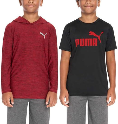 Puma Boys Tops, Short Sleeve T-Shirt With Hooded Top (Medium,Black & Red)