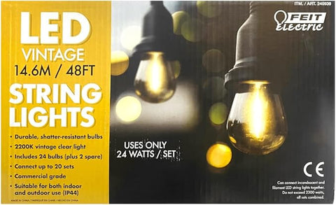 Feit 48ft (14.6 m) LED Indoor/Outdoor Weatherproof String Lights Set, LED Vintage lights, 24 bulbs+ 2 Spare bulbs, 24 Watts