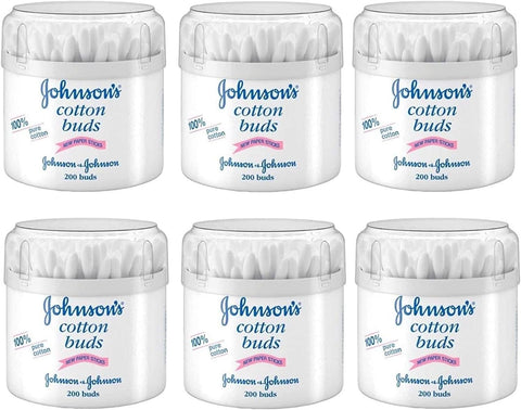 Johnson's Baby Cotton Buds (200) - Pack of 6 - Naturally Absorbent with 100% Pure Cotton Tips & 100% Paper Sticks