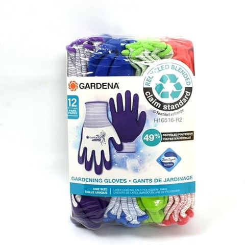 Gardena One Size Gardening Gloves, Latex Coating on a Polyester Lining - 12 Pairs