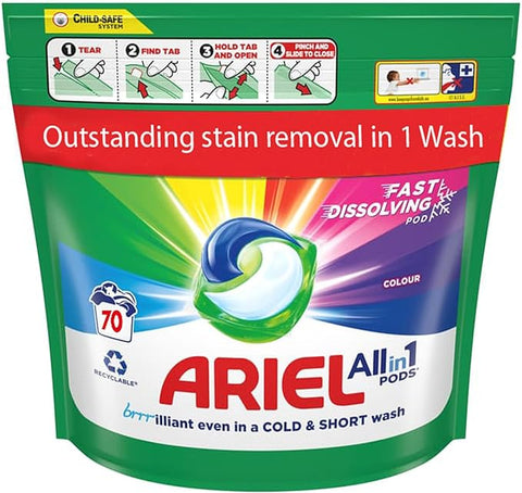 Ariel All In One Colour Pods, 70 Wash Capsules, Fast Dissolving Pods - Outstanding Stain Removal In 1 Wash