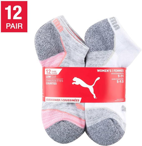 Puma Womens Low Cut Cushioned Socks 12-Pack, White-Pink, 9-11