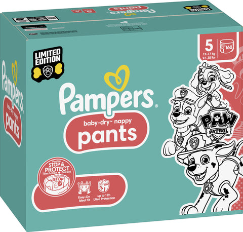 Pampers Baby-Dry Nappy Pants Paw Patrol Edition Size 5, 160 Nappies, 12kg-17kg, Monthly Pack, With A Stop & Protect Pocket To Help Prevent Leaks At The Back