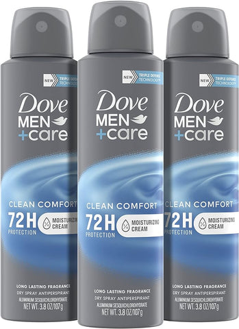 Dove Men+Care Antiperspirant Dry Spray Deodorant for Men Clean Comfort 48 Hour Sweat and Body Odor Protection 3.8 oz 3 Count