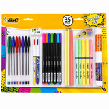 BIC 35 Piece Writing Set, Cristal Ballpoint Pens, Intensity Fineliner Pens, 4 Colours Pens, Evolution Graphite Pencils, Highlighters, Glue Stick, Correction Tape & Eraser for School Office Home