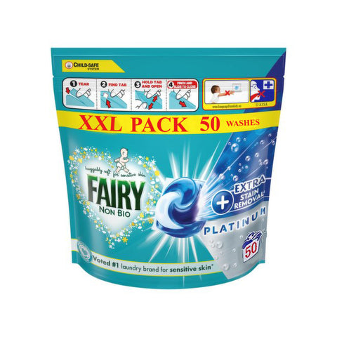 Fairy Platinum Non Bio Extra Stain Removal Washing Laundry Tabs 1160g, 50 Washes