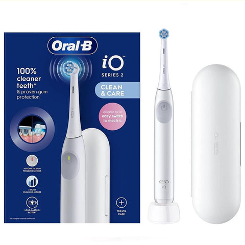Oral B iO Series 2 Electric Toothbrush White - Clean & Clear, 100% Cleaner Teeth & Proven Gum Protection, Automatic GUM Pressure Sensor, 3 Quiet Cleaning Modes, Long-Lasting Battery, Travel Case