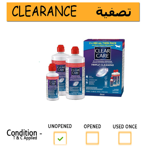 Clear Care Cleaning and disinfecting solution - For all Soft contact lenses- 2 X 480 mL + 90 mL + 2 lens cases- clearance