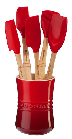 Le Creuset Revolution 6-Piece Silicone Kitchen Set With Wooden Hand And 1 Stoneware Utensil Crock
