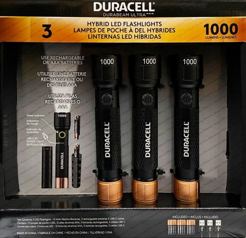 DURACELL Durabeam Ultra 3 Pack LED Flashlight Torch 1000 Lumens with Batteries