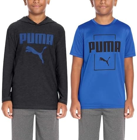 Puma Boys Tops, Short Sleeve T-Shirt With Hooded Top (Medium,Black & Blue)