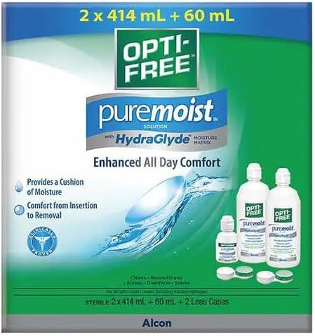 Opti-Free Puremoist Contact Lens Solution 2 x 414ml + 60ml + 2 Lens Cases