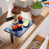 Bodum Bistro 3 Piece Color Coded Cutting Board Set With Holder – Durable, Dual Sided Kitchen Chopping Boards For Meat, Veggies, And Cheese - Dark Blue, White, Light Blue