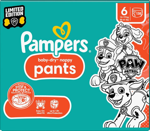 Pampers Baby-Dry Nappy Pants Paw Patrol Edition Size 6, 138 Nappies, 14kg-19kg, Monthly Pack, Up to 12h of All-Around Leakage Protection
