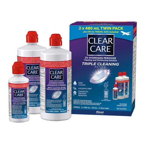 Clear Care Cleaning and disinfecting solution - For all Soft contact lenses- 2 X 480 mL + 90 mL + 2 lens cases
