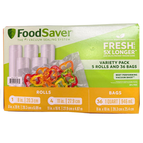 FoodSaver Vacuum Sealer Rolls And Bags Variety Pack - 5 Rolls And 36 Bags, BPA Free, (Rolls 20.3cm x 6.09m - 27.9cm x 4.87m, Bags 20.3cm x 25.4cm)