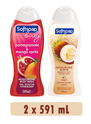 Softsoap Body Wash, Pomegranate & Mango Spritz Body Wash + Coconut Butter Exfoliating Scrub - 2x 591 ml