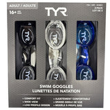 TYR Adult Performance Swim Goggles, Leak-Resistant Fit, Anti-Fog, UV Shield Pack Of 3- Grey / Black / Blue