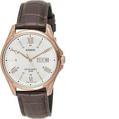 Casio #MTP1384L-7AV Men's Rose Tone Leather Date Roman Silver Dial Watch