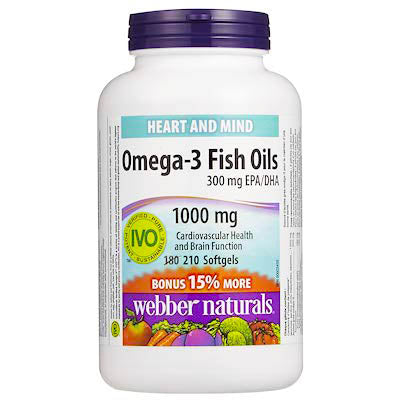 Webber Naturals Heart And Mind Omega-3 Fish Oils 300 EPA/DHA 1000 mg 210 Softgels For Cardiovascular Health and Brain Function.