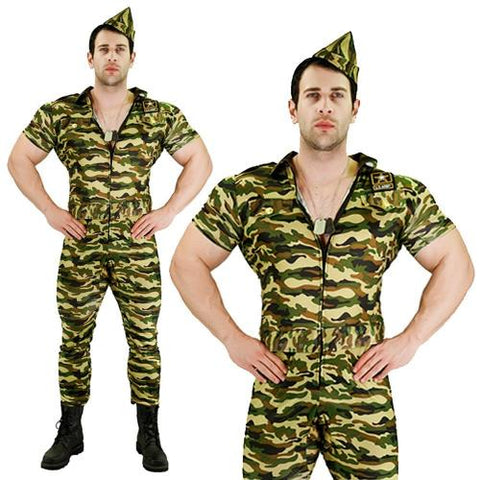 Men's Army Soldier Costume Set - Hat & Jumpsuit | One Size Fits Most