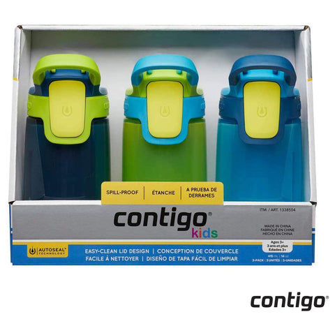 Contigo Autoseal Gizmo Sip Kids Water Bottles (3 x 415ml Pack in Navy/Green/Blue). - shopperskartuae