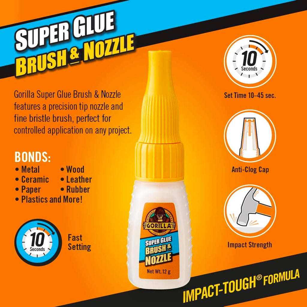 Gorilla Super Glue with Brush & Nozzle Applicator, 10 Gram, Clear, 2 Pack 
