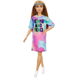 Barbie Fashionistas Doll#159, Petite, with Light Brown Hair Wearing Tie-Dye T-Shirt Dress, White Shoes & Visor