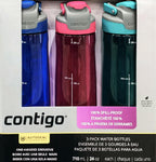 Contigo Autoseal 100% Spill-proof Water Bottles 24oz/710ml (3 Pack - Blue, Magenta, Aqua Green) - With Autoseal technology.