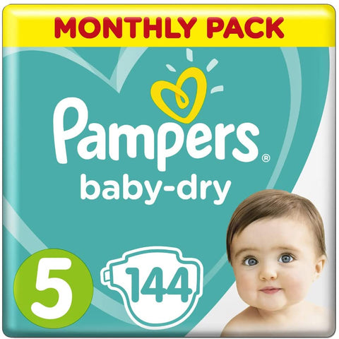 Pampers Baby Nappies Size 5 (11-16 kg/24-35 Lb), Baby-Dry, 144 Count, MONTHLY SAVINGS PACK, Air Channels for Breathable Dryness Overnight