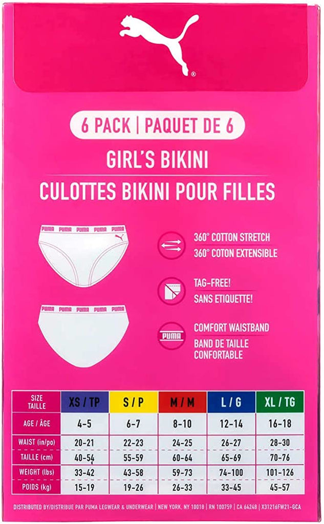 Puma Girls 6 Pack Cotton Stretch Bikini Panties, Colors: pink, orange, –