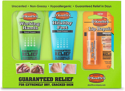 O'Keeffe's Skincare Working Hands, Healthy Feet cream and healthy feet exfoliating moisturizer and lip repair balm.