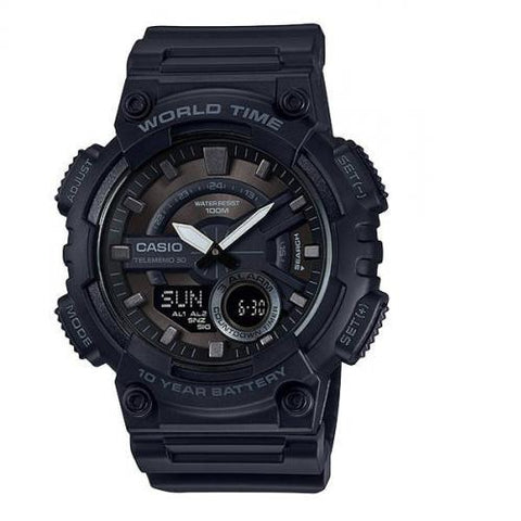 Casio AEQ-100W-1BV Mens Black 100M World Time Digital/ Analog Sports Watch New