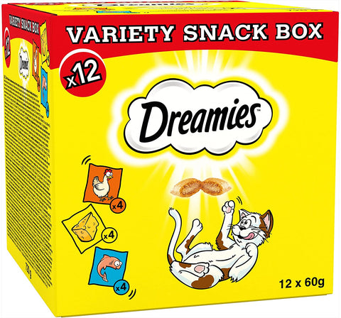 Dreamies Cat Treats Variety Pack, snacks with chicken, salmon and cheese, 12 X 60 g