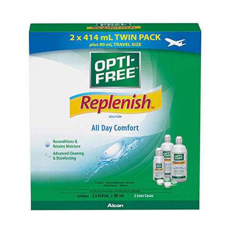 OPTI-FREE Replenish Multi-Purpose Disinfecting Solution, 2 x 414 ml Twin Pack plus 90 ml Travel Size