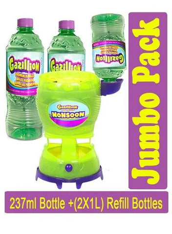 Gazillion Monsoon Bubble Toy Machine for Bubbles Maker with 237ml Bottle & 2 x 1 Liter Jumbo Pack
