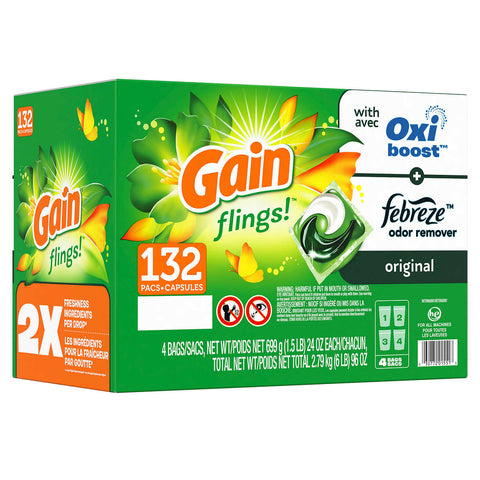 Gain Flings Liquid Laundry Detergent Pacs, 132-count