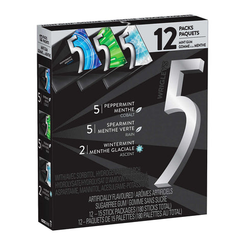 Wrigley’s 5, Variety Pack, 15 sticks X 12-pack, total 180  Sugar-free Gum