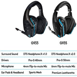 Logitech G935 Wireless Gaming Headset, 7.1 Surround Sound, DTS Headphone:X 2.0, 50mm Pro-G Drivers, 2.4 GHz, Flip-to-Mute Mic, Lightsync RGB, G-Keys, PC/Mac/Xbox One/PS4/Nintendo Switch - Black/Blue - shopperskartuae