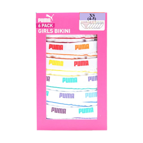 PUMA Girls 6 Pack Cotton Stretch Premium Bikini Tag-Free Comfort Waistband, Color: pink, orange, green, blue, lavender, yellow stripes