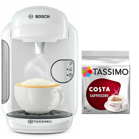 TASSIMO BOSCH VIVY 2 TAS1402GB COFFEE MACHINE, 1300 WATT, 0.7 LITRES (White) with cappuccino