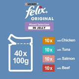 Purina felix Adult Cat Jelly Food Mixed Selection In 4 Variety Flavors- Salmon, Chicken, Beef & Tuna -  40x100g