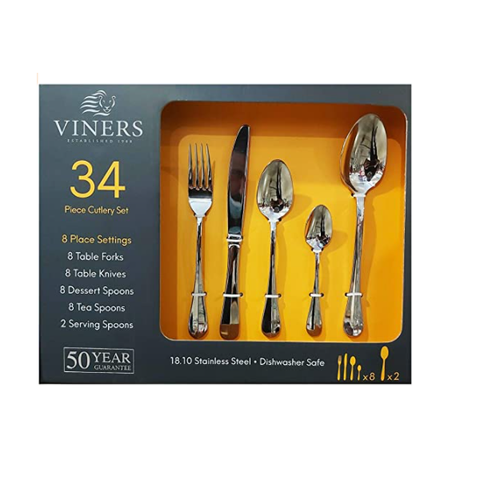 Viners 34 Piece Stainless Steel Cutlery Set. Forks, knives, desert spoons, Tea spoons, serving spoons.